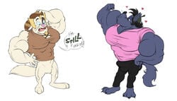 2013 biceps big_muscles bulge canid canine canis domestic_cat don_bluth edmond_(rock-a-doodle) felid feline felis flexing heart huge_muscles hyper hyper_muscles kissing male mammal muscular muscular_male nu_pogodi rock-a-doodle rubberskunktoo sleeveless sleeves soyuzmultfilm volk wolf