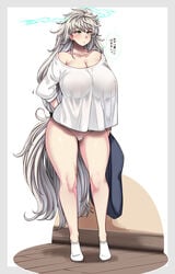 ankle_socks anklehighs arms_behind_back asymmetrical_hair blush bottomless breasts curvy female female_pubic_hair highres huge_breasts japanese_text kantai_collection konoshige_(ryuun) long_hair low-tied_long_hair mature_female naked_shirt plump pubic_hair ryuun_(stiil) shirt silver_hair socks solo text thick_thighs thighs translated unryuu_(kantai_collection) very_long_hair white_socks wide_hips