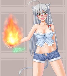 1girls 2020s 2021 animal_ears bespectacled blue_bottomwear blush bow braid breasts bustier cat_tail cleavage clothing denim_shorts digital_art dog_days eyebrows_visible_through_hair female fire fire_magic front_view glasses grey_hair grey_tail hair_ornament hairbow happy large_breasts leonmitchelli_galette_des_rois lingerie long_hair manga megane nekomimi open_fly open_mouth pantsu panty_straps petag2 shiny shiny_hair shiny_skin short_shorts shorts silver_hair smile solo solo_female standing tail tied_hair tomboy underwear unzipped white_hair yellow_eyes