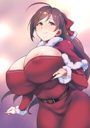 ahoge areola_slip areolae belt breasts brown_belt brown_hair capelet cleavage cleavage_cutout clothing_cutout cowboy_shot dress female fur-trimmed_capelet fur_trim hair_ornament hair_ribbon hairclip highres huge_breasts kantai_collection long_hair mamiya_(kantai_collection) rampage_2nd red_dress red_eyes red_ribbon ribbon solo tight_clothing tight_dress tight_fit