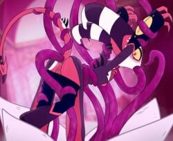 anal anal_sex ass balls blitzo_(helluva_boss) blowjob blush demon facefuck helluva_boss horns imp irrumatio kkcq20yk0db5mak male male_only red_skin restrained spitroast tail tentacle tentacle_on_male tentacle_sex