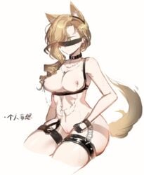 1female azur_lane blindfold blonde bondage collar fox_ears fox_girl fox_tail hood_(azur_lane) leash milestone_post moonlgnance restrained tagme