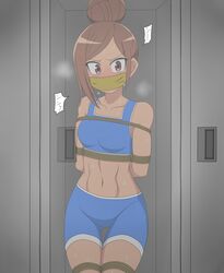 arms_behind_back arms_tied_behind_back asphyxiation bondage bound_legs brown_eyes brown_hair female femsub gag gagged high_resolution in_locker locker_bondage looking_at_viewer muscular_female nyaa-did restrained tape tape_gag x-ray