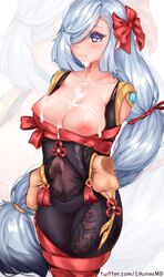 1male christms cum cum_on_breasts cum_on_face cum_on_upper_body genshin_impact likunea male_pov mammal mammal_humanoid nipples restrained shenhe_(genshin_impact) xmas