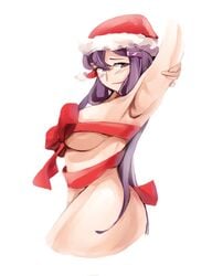 1girls 2021 arms_up ass blush christmas christmas_outfit doki_doki_literature_club female female_only hair_ornament large_breasts looking_at_viewer plain_background purple_eyes purple_hair ribbon ribboned_body santa_hat solo white_background wide_hips yudsnuts yuri_(doki_doki_literature_club)