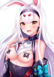 1girls absurd_res azur_lane bandage bandaids_on_nipples breasts bunny_ears clothes_lift eyebrows_visible_through_hair female female_only hairband light-skinned_female light_skin long_hair open_mouth pale_skin pasties pointy_chin ryara_vivi sakura_empire_(azur_lane) shimakaze_(azur_lane) solo white_hair x_pasties yellow_eyes