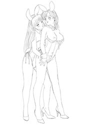 2girls bishoujo_senshi_sailor_moon blush bow bunnysuit clothing earrings female heels large_breasts leotard line_art long_hair makoto_kino minako_aino multiple_girls no_bra small_breasts suguro-m very_long_hair wrist_cuffs yuri