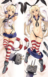 1girls anchor armpits arms_up bangs black_hairband black_neckwear black_panties blonde_hair blush breasts breasts_out crop_top dakimakura elbow_gloves gloves gluteal_fold grey_footwear hair_between_eyes hair_ornament hairband highleg highleg_panties highres kantai_collection kochipu lifebuoy long_hair looking_at_viewer lying microskirt multiple_views navel neckerchief nipples on_back on_side open_mouth panties panty_pull rudder_footwear sailor_collar school_uniform shimakaze_(kantai_collection) skindentation skirt small_breasts striped striped_legwear thighhighs turret underwear white_gloves