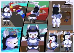 absurd_res angry anthro ass big_breasts big_butt big_penis black_hair blue_clothing blue_topwear bodily_fluids bottomless bottomwear breast_play breasts butt_focus canid canine canis car clothed clothing comic_panel cum dialogue digital_media_(artwork) dizzy domestic_dog driving duo english_text erection female first_person_view fur genital_fluids genitals german_shepherd hair hat headgear headwear herding_dog hi_res humanoid_genitalia humanoid_penis inside_car looking_at_viewer looking_pleasured male male_pov mammal miniskirt nipples officer_pai_(miso_souperstar) open_mouth outline paizuri pastoral_dog penetration penis police_uniform profanity pussy rear_view sex skirt smile speech_bubble surprise text thick_thighs titfuck titjob topwear uniform vaginal_penetration vehicle voy_barranca_abajo white_body wide_hips