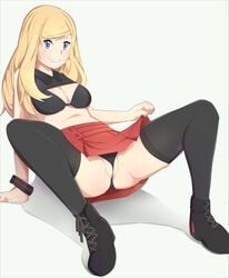 1girls blonde_hair breasts cameltoe eye_contact female long_hair looking_at_viewer neovixtadiz nintendo pokemon pokemon_xy serena_(pokemon) serena_(pokemon_games) shoes skirt skirt_lift sneakers solo thighhighs thighs thong