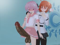 1boy 1girls 3d astolfo_(fate) bottomwear chaldea_uniform clothing command_spell darkened_genitalia fate_(series) female female_human femboy femboy_on_female fujimaru_ritsuka_(female) gigantic_penis human hung_trap male male_human open_mouth straight tabochi_mochi_(artist) tongue tongue_out topwear