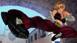 1girls alex_ahad black_bra blonde_hair blue_eyes boots bra breasts clothed earrings female flying_kick full_body jumping kicking king_(snk) king_of_fighters large_breasts motion_blur open_shirt pants red_pants sash solo wrist_cuffs