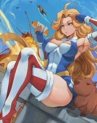 1girls 2021 ahoge american_flag_bodysuit blonde_hair blue_eyes blue_sky breasts capybara charlotte_vanders cutesexyrobutts_(style) explosion facing_forward female female_only food heeled_boots heels hips holding_object hot_dog huge_breasts kamen_america kamen_america_(character) kamen_america_(series) lesottart long_hair salute slim_waist thick_thighs thighhighs thighs wide_hips