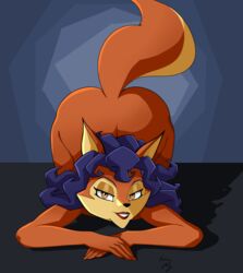 absurd_res all_fours anthro ass_up bedroom_eyes blue_hair canid canine carmelita_fox female female/female fox fox_tail fur hair hi_res hound_wolf humanoid lipstick looking_at_viewer makeup mammal narrowed_eyes orange_body orange_fur seductive sly_cooper_(series) smile smooth_fur solo sony_corporation sony_interactive_entertainment sucker_punch_productions video_games