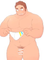 1boy 3c_pan abs bar_censor bara belly blush brown_hair censored completely_nude cowboy_shot facial_hair flaccid flustered gunzo_(tokyo_afterschool_summoners) highres holding holding_clothes holding_swimsuit human human_only large_pectorals long_sideburns male male_focus male_only male_pubic_hair male_swimwear muscular muscular_male navel nipples nude pectorals plump pubic_hair scar scar_on_cheek scar_on_face short_hair sideburns solo spiked_hair stomach stubble swim_briefs swimsuit thick_eyebrows thick_thighs thighs tokyo_afterschool_summoners white_male_swimwear