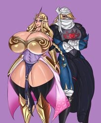 1boy 1girls aomokoka breasts_bigger_than_head bulge bulge_down_leg female flaccid gigantic_breasts hyper_penis hyrule_warriors male nintendo penis_to_the_knees princess_zelda rule_63 sheik the_legend_of_zelda thick_thighs zelda_(hyrule_warriors)