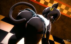 3d amber_eyes ass big_breasts big_butt big_thighs black_skin breasts cally3d catgirl clazzey cryptiacurves earrings fazclaire's_nightclub feline five_nights_at_freddy's fnaf furry merellyn noire_(fnaf) pinup scottgames shorts solo tail tank_top