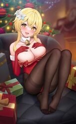 1girls animated big_breasts breasts christmas christmas_tree cleavage fukuro_ko_(greentea) full_body genshin_impact gift huge_breasts large_ass lumine_(genshin_impact) no_sound pantyhose ribbon shorter_than_30_seconds solo video