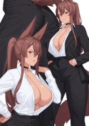 abs animal_ear_fluff animal_ears ass black_choker black_jacket black_pants breasts brown_eyes brown_hair business_suit choker collared_shirt dark-skinned_female dark_skin female formal fox_ears fox_tail franham from_behind hair_between_eyes hand_on_hip hands_in_pockets high-waist_pants highres jacket jacket_over_shoulder jacket_removed large_breasts long_hair long_sleeves looking_at_viewer multiple_views nee-san_(franham) no_bra open_clothes open_jacket open_mouth original pants partially_unbuttoned pocket ponytail shirt shirt_tucked_in sidelocks simple_background standing suit suit_jacket tail teeth toned upper_teeth white_background white_shirt