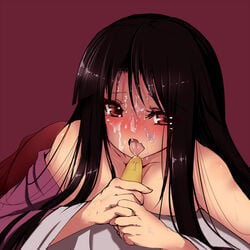 1:1_aspect_ratio ambiguous_fluids banana black_hair blush brown_eyes clavicle dot_r eyelashes female female food fruit hime_cut kaguya_houraisan long_hair long_sleeves off_shoulder red_background red_eyes sexually_suggestive solo suggestive_fluid tongue_out touhou wide_sleeves