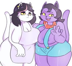 2girls apron apron_only bandana barely_clothed bbw big_breasts breasts cat_ears cat_tail catgirl catti_(deltarune) catty_(undertale) chubby chubby_anthro chubby_female dark_hair deltarune earrings eyelashes eyeshadow female female_only gikoko gikowinko huge_breasts multiple_girls nipple_slip overalls peace_sign purple_body purple_fur sisters smile smiling_at_viewer undertale undertale_(series) video_games white_background white_body white_fur yellow_sclera