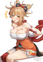 1girls adjusting_clothes arm_tattoo arms_behind_back bandage big_breasts blonde_hair bouncing_breasts breast_tattoo breasts busty cleavage female genshin_impact japanese_clothes kimono large_breasts light-skinned_female light_skin looking_at_viewer mascara nhaliz orange_eyes sarashi shimenawa sitting solo solo_female tattoo yellow_eyes yoimiya_(genshin_impact)