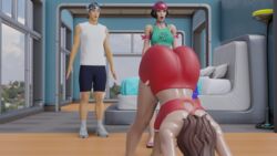 16:9 1boy 2girls 3d big_ass big_breasts blender exercise_clothing fortnite hotel_room jack-o_pose muscular_male ruby_(fortnite) sunny_(fortnite) surprised sushi_master sweat yoga