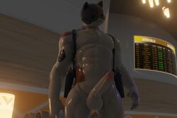 3d 3d_(artwork) anthro arm_tattoo ciroking digital_media_(artwork) domestic_cat epic_games felid feline felis fortnite genitals glistening glistening_body glistening_genitalia glistening_skin gun hi_res lamp male mammal meowscles_(fortnite) penis ranged_weapon smile solo tattoo video_games weapon