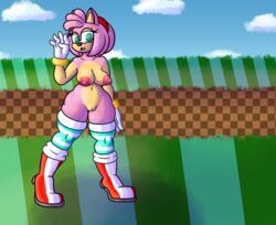 accessory alternate_body_type amy_rose anthro big_breasts boots breasts clothing eulipotyphlan female footwear genitals gloves green_eyes hair hair_accessory hairband handwear hedgehog hi_res legwear mammal outside pink_body pink_hair pussy sega solo sonic_(series) sonic_the_hedgehog_(series) sprucy stockings