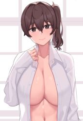 1girls alternate_costume big_breasts blouse breasts brown_eyes brown_hair cleavage collarbone dress_shirt female female_only franham highres kaga_(kantai_collection) kantai_collection large_breasts lipstick long_hair long_sleeves looking_at_viewer makeup naked_shirt navel open_clothes open_shirt pale_skin pointy_chin shirt side_ponytail smile solo upper_body white_shirt