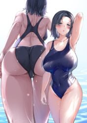 1girls absurd_res aldehyde ass back bangs bare_shoulders big_ass big_breasts black_hair blue_eyes blue_swimsuit blush breasts cameltoe clavicle clothing covered_navel female female_only forehead hi_res highleg highleg_swimsuit large_breasts looking_at_viewer one-piece_swimsuit open_mouth original parted_bangs solo swimsuit thighs wet wide_hips