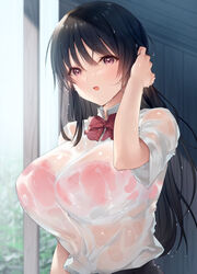 :d after_rain bangs black_hair blush bow bowtie breasts collared_shirt commentary_request day dress_shirt eyebrows_visible_through_hair female female hand_in_hair hand_up highres kurumi_moka large_breasts long_hair looking_at_viewer open_mouth original outdoors purple_eyes red_bow red_bowtie school_uniform see-through shirt short_sleeves smile solo sunlight upper_body very_long_hair wet wet_hair white_shirt