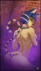 2020s 2021 animal_crossing ankha ankha_ride_(minus8) ass bare_back bare_shoulders big_ass big_breasts big_butt blue_eyes blue_hair bracer breasts cat_ears cat_eyes cat_tail catgirl egypt egyptian expressionless female female_only human humanized lium_s liums long_tail looking_back necklace nintendo nude nude_female saraschiffer sideboob striped_fur striped_hair striped_tail stripes yellow_body yellow_fur