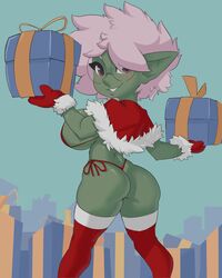 1girls big_breasts bikini christmas christmas_bikini christmas_present gift glasses goblin goblin_female looking_at_viewer looking_back lrm monster_girl pointy_ears presents shortstack sideboob