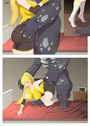 ahe_gao ambiguous_penetration ass_grab bed beringel big_ass big_breasts big_penis bike_shorts blonde_hair clock comic compression_shorts doggy_style elbow_pads from_behind gorilla grabbing_arm grimm_(rwby) gym_uniform hands_on_hips humping interspecies kissing knee_socks kneehighs kneesocks lilac_eyes long_hair making_out moaning monster monster_cock neovixtadiz no_shoes panting penetration ponytail room rwby socks standing standing_on_tip_toes striped_socks tiptoes white_socks wide_hips workout_clothes wristband yang_xiao_long zoophilia