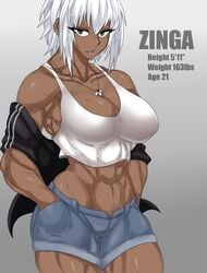 1girls abs dark_skin fit fit_female jacket jeans large_breasts muscular_female original scars short_hair tank_top tanktop tomboy unbuttoned white_hair zinga_(zokusuke) zokusuke