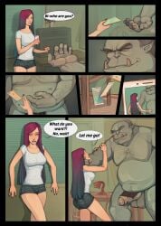 blue_hair choke_hold comic comic_page dialogue dyed_hair imminent_rape iphone linaswalaf male/female monster neck_grab orc penis phone pink_hair rape scared size_difference