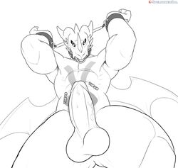 2019 abs anthro arms_above_head balls bandai_namco black_and_white blush bondage bound digimon digimon_(species) digital_media_(artwork) erection exveemon genitals line_art looking_at_viewer male male_only masturbation_denial monochrome muscular muscular_anthro muscular_male pecs penis pleading solo spelunker_sal