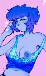 1girls blue_hair blue_skin breasts cleavage lapis_lazuli_(steven_universe) looking_at_viewer medium_breasts nipple_slip nipples one_eye_closed short_hair solo steven_universe tank_top tekup1n wardrobe_malfunction