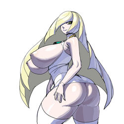 absurdres areolae ass big_ass big_breasts blonde_hair breasts curvy female highres huge_breasts long_hair looking_at_viewer lusamine_(pokemon) maniacpaint nipples pokemon pokemon_sm simple_background solo solo_female thick_thighs thighs