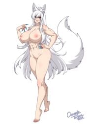 1girls abs beorthilde_(deathblight) blue_eyes blue_nails crescentia deathblight fingernails fit fit_female hand_on_hip inverted_nipples kemonomimi large_breasts long_hair long_nails monster_girl muscles muscular_female nail_polish nude pale_skin smile white_hair wolf_ears wolf_girl wolf_tail