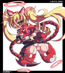 android anus ass blush claws detached_limbs embarrassed exposed_anus exposed_ass exposed_pussy gynoid halo littlepengo long_hair looking_back nude oc original original_character red_eyes robot robot_girl robotic_tail seraphina_demonbane symbol-shaped_pupils tail twintails