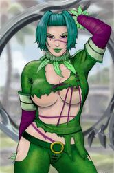 1girls areolae beauty_mark breasts cleavage eyeshadow female female_only green_hair holding_weapon human large_breasts lipstick looking_at_viewer nipple_slip nipples partially_exposed_nipples purple_eyes rplatt seductive_look seductive_smile short_hair smile solo soul_calibur soul_calibur_iii tira_(soulcalibur) torn_clothes underboob weapon