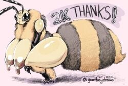 1girls abdomen anthro areola areolae arthropod arthropod_humanoid artist_name bee breasts female_only follower_celebration fur furry fuzzy goatboydraws insect insects large_breasts long_nipples milestone_celebration multicolored_fur neck_tuft nipples text thick_thighs thighs