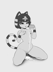 1girls 2021 animal_crossing ankha breasts female flat_chest kneeling monochrome nintendo nipples pechi pose pussy short_hair thick_thighs thighs wet white_background