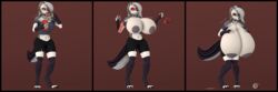 absurd_res anthro beverage big_breasts breast_expansion breasts clothing coffee coffee_mug female helluva_boss hi_res huge_breasts hyper hyper_breasts legwear loona_(helluva_boss) person-420 phone red_eyes simple_background solo stockings