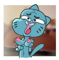 4_fingers anthro areola blue_fur bouncing_breasts breasts feline feline female hand_on_breast navel nicole_watterson nipple nude open_mouth scott_ramsoomair tail the_amazing_world_of_gumball tongue