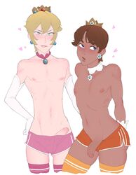 2boys blonde_hair blue_eyes blush brown_hair crossdressing crown cute_male dark-skinned_femboy dark-skinned_male dark_skin elbow_gloves femboy genderswap_(ftm) girly gloves haruhssment light-skinned_femboy light-skinned_male light_skin male male_only mario_(series) multiple_boys nipples penis penis_out prince_apricot prince_darcy princess_daisy princess_peach rule_63 short_hair short_shorts shorts simple_background standing thighhighs topless white_background