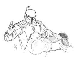 2021 2boys aprilfrederih_(artist) armor ass black_and_white boba_fett cape cape_grab din_djarin dubious_consent gay helmet male male/male male_only mandalorian mandalorian_armor mandalorian_helmet pants_down sketch spank_marks spanked spanked_butt spanking spanking_ass star_wars the_mandalorian white_background