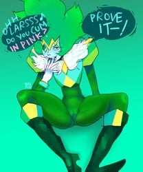 1girls asking bodysuit cameltoe emerald_(steven_universe) green_hair looking_at_viewer sitting solo spread_legs steven_universe suggestive suggestive_gesture suggestive_look suggestive_pose tekup1n tongue_out